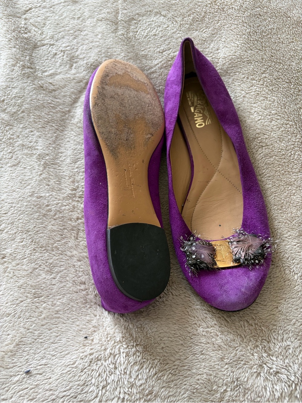 Salvatore Ferragamo Violet Suede Embellished Ballet Flats
